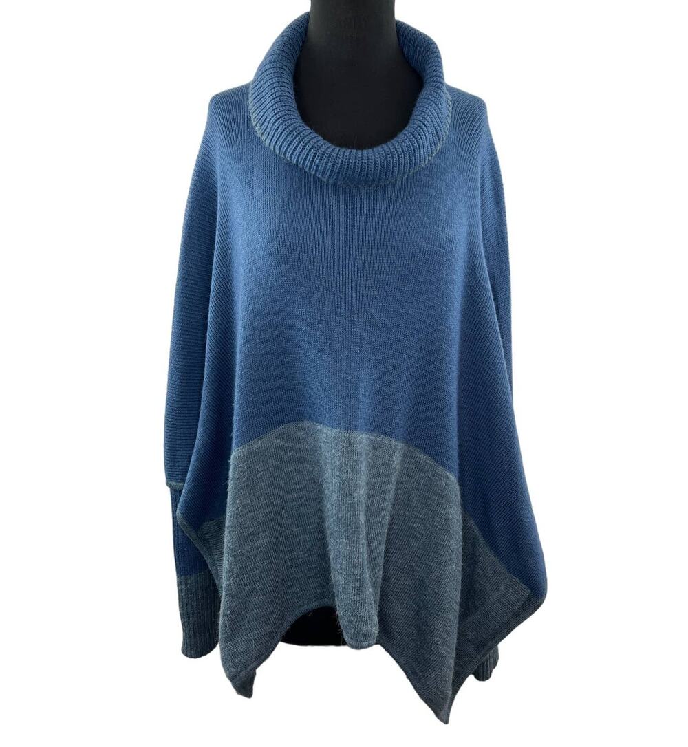 Lombaggi Knitwear Blue Angora Blend Oversized Cowl Neck Colorblock Poncho PERU